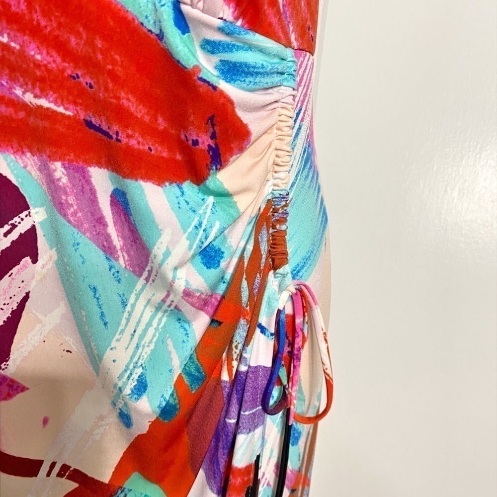 LONDON TIMES MULTICOLOR PAINT SPLASH FASHION FAUX WRAP MIDI DRESS - Picture 4 of 14